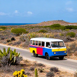 Caribbean Holidays, Curacao Tours, Cura&ccedil;ao countryside tour with a colourful open vehicle travelling past cactus-covered hills, dry woodland and distant coastline