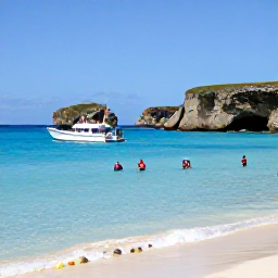 Caribbean Holidays, Curacao Tours, Small boat approaching a secluded Cura&ccedil;ao beach with clear turquoise water, snorkellers and rugged coastal scenery under a blue sky