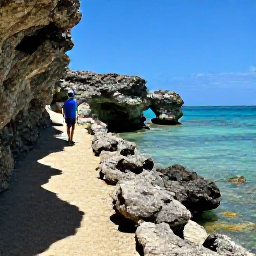 Caribbean Holidays, Cura&ccedil;ao Walking Holidays, A coastal walking trail beside clear turquoise water and rugged limestone on Cura&ccedil;ao in warm December sunshine