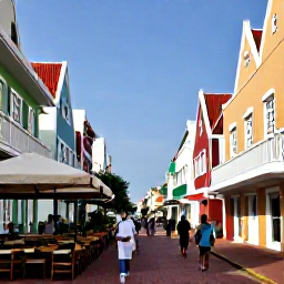 Caribbean Holidays, Curacao Walking Holidays, A colourful pedestrian street in Willemstad, Cura&ccedil;ao, with Dutch Caribbean buildings, outdoor caf&eacute;s and walkers in warm April sunshine