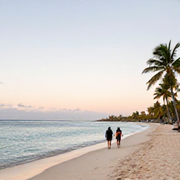 Caribbean Holidays, Cura&ccedil;ao Walking Holidays, A couple walking beside a quiet Cura&ccedil;ao beach at sunset, with calm blue water, pale sand and palm trees