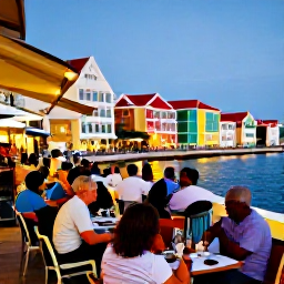 Caribbean Holidays, Curacao Walking Holidays, A friendly evening scene in Curacao with walkers dining at an outdoor restaurant near the colourful Willemstad waterfront