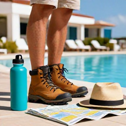 Caribbean Holidays, Cura&ccedil;ao Walking Holidays, A friendly traveller preparing for a Cura&ccedil;ao walking holiday with walking boots, water bottle, hat and map near a sunny hotel terrace