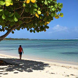 Caribbean Holidays, Curacao Walking Holidays, A quiet Curacao beach with a snorkeller, shaded trees, clear shallow water and a relaxed November holiday atmosphere