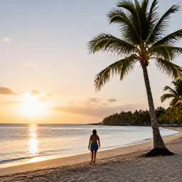 Caribbean Holidays, Curacao Walking Holidays, A relaxed walker beside a quiet Cura&ccedil;ao beach at sunset, with calm sea, palm trees and warm golden light