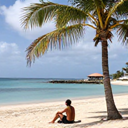 Caribbean Holidays, Cura&ccedil;ao Walking Holidays, A relaxed walker resting at a Cura&ccedil;ao beach after a scenic hike, with palm trees, calm turquoise water and a small local caf&eacute;