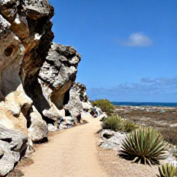 Caribbean Holidays, Cura&ccedil;ao Walking Holidays, A scenic walking path through Cura&ccedil;ao countryside with limestone cliffs, desert plants, cacti and views across the Caribbean Sea