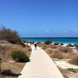 Caribbean Holidays, Curacao Walking Holidays, A sunny coastal walking path in Curacao with turquoise sea, dry tropical vegetation and walkers exploring the shoreline in November