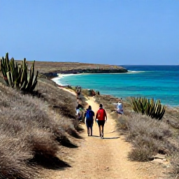 Caribbean Holidays, Cura&ccedil;ao Walking Holidays, A sunny coastal walking trail in Cura&ccedil;ao with turquoise sea, dry hills, cacti and walkers enjoying the February weather
