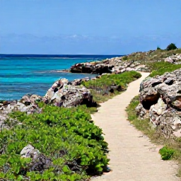 Caribbean Holidays, Curacao Walking Holidays, A sunny coastal walking trail in Cura&ccedil;ao with turquoise sea, rocky shore and low green vegetation in August