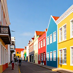 Caribbean Holidays, Curacao Walking Holidays, Colourful colonial buildings and a pedestrian street in Willemstad, Cura&ccedil;ao, with people exploring in warm August sunshine
