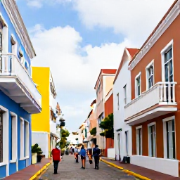 Caribbean Holidays, Curacao Walking Holidays, Colourful historic buildings and a pedestrian street in Willemstad, Cura&ccedil;ao, with visitors enjoying a relaxed walk