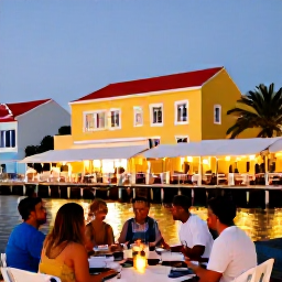 Caribbean Holidays, Cura&ccedil;ao Walking Holidays, Friendly travellers enjoying a relaxed evening meal at a waterfront restaurant in Cura&ccedil;ao, with warm lights and colourful buildings