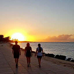 Caribbean Holidays, Cura&ccedil;ao Walking Holidays, Friendly travellers enjoying a sunset walk along the Cura&ccedil;ao coast, with warm golden light, calm sea and colourful evening sky