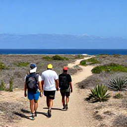 Caribbean Holidays, Cura&ccedil;ao Walking Holidays, Hikers following a dry coastal trail through cactus-studded countryside with distant sea views on Cura&ccedil;ao