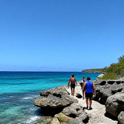 Caribbean Holidays, Curacao Walking Holidays, Hikers following a rocky coastal path above clear Caribbean water near Westpunt, Curacao