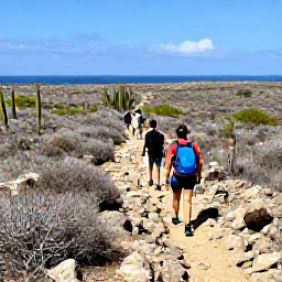 Caribbean Holidays, Curacao Walking Holidays, Hikers following a rocky nature trail through Cura&ccedil;ao&rsquo;s dry landscape, with cacti, thorny shrubs and distant blue sea