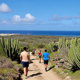 Caribbean Holidays, Curacao Walking Holidays, Hikers following a rugged trail through Curacao&rsquo;s cactus-covered hills with a wide view across the Caribbean coast