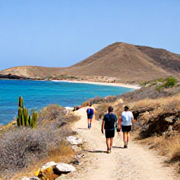 Caribbean Holidays, Cura&ccedil;ao Walking Holidays, Hikers walking along a sunlit coastal trail in Cura&ccedil;ao, with turquoise sea, dry hills and cacti