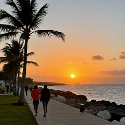 Caribbean Holidays, Cura&ccedil;ao Walking Holidays, Travellers enjoying a sunset walk along a Cura&ccedil;ao promenade with palm trees, warm light and the Caribbean Sea