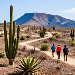 Caribbean Holidays, Cura&ccedil;ao Walking Holidays, Walkers exploring a dry Cura&ccedil;ao landscape with cacti, aloe plants and distant blue hills beneath a sunny sky