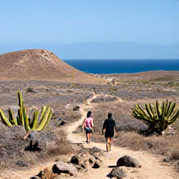 Caribbean Holidays, Curacao Walking Holidays, Walkers exploring a dry Cura&ccedil;ao landscape with cacti, rocky hills and distant blue sea under a clear sky