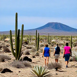 Caribbean Holidays, Cura&ccedil;ao Walking Holidays, Walkers exploring a dry Cura&ccedil;ao nature reserve with cacti, desert plants, rocky ground and distant blue hills