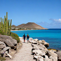 Caribbean Holidays, Cura&ccedil;ao Walking Holidays, Walkers exploring a rocky coastal path beside clear blue water in Cura&ccedil;ao, with cacti and distant hills