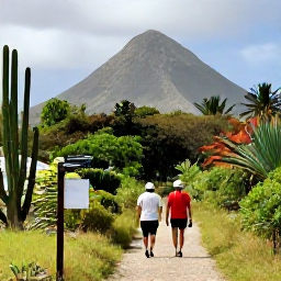 Caribbean Holidays, Curacao Walking Holidays, Walkers exploring a shaded trail in Christoffel National Park, Cura&ccedil;ao, with Mount Christoffel, cacti and tropical vegetation in the background
