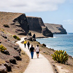Caribbean Holidays, Curacao Walking Holidays, Walkers following a scenic coastal path near Westpunt in Cura&ccedil;ao, with dramatic cliffs, calm blue water and scattered cacti