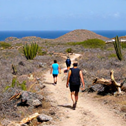 Caribbean Holidays, Cura&ccedil;ao Walking Holidays, Walkers on a dry nature trail in Christoffel National Park, Cura&ccedil;ao, surrounded by cacti, rocky slopes and distant sea views