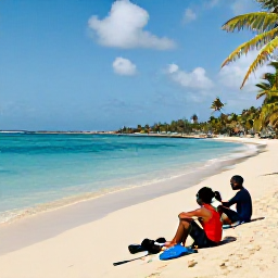 Caribbean Holidays, Cura&ccedil;ao Walking Holidays, Walkers resting beside a quiet sandy beach in Cura&ccedil;ao after a morning hike, with clear water, palm trees and snorkelling gear