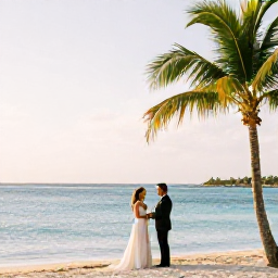 Caribbean Holidays, Curacao Weddings, Bride and groom exchanging vows beside a calm turquoise Caribbean sea on a Cura&ccedil;ao beach, with palm trees and soft golden light