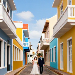 Caribbean Holidays, Curacao Weddings, Colourful historic Willemstad streets in Cura&ccedil;ao with newly married couple walking hand in hand, bright buildings and blue sky