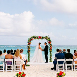 Caribbean Holidays, Curacao Weddings, Elegant Cura&ccedil;ao beach wedding ceremony with white chairs, tropical flowers and a small group of guests near the sea