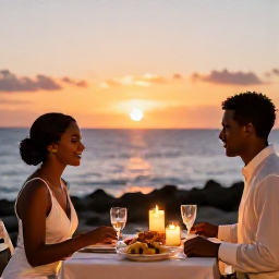 Caribbean Holidays, Curacao Weddings, Newlyweds enjoying a romantic dinner at a Cura&ccedil;ao seaside restaurant, candles, local food and a glowing sunset