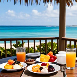 Caribbean Holidays, Curacao Wellness, A healthy Caribbean breakfast with tropical fruit, fresh juice and local ingredients on a shaded terrace overlooking Cura&ccedil;ao sea