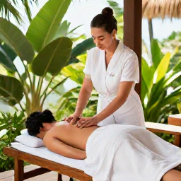 Caribbean Holidays, Curacao Wellness, A wellness traveller receiving a relaxing massage at an open-air spa in Cura&ccedil;ao, surrounded by tropical plants and natural light