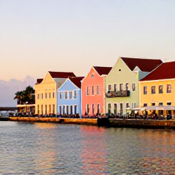 Caribbean Holidays, Cura&ccedil;ao Wellness Break, Colourful Willemstad waterfront in Cura&ccedil;ao at sunset, with relaxed diners, pastel buildings and calm evening light