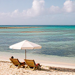 Caribbean Holidays, Cura&ccedil;ao Wellness Break, Quiet Cura&ccedil;ao cove with a couple relaxing under a beach umbrella, clear water, colourful reef and gentle afternoon light