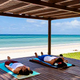 Caribbean Holidays, Cura&ccedil;ao Wellness Break, Visitors practising gentle yoga on a shaded wooden deck beside a quiet Cura&ccedil;ao beach
