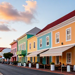 Caribbean Holidays, Cura&ccedil;ao Wellness, Colourful Willemstad street in Cura&ccedil;ao at sunset, pastel buildings, relaxed caf&eacute;s and people enjoying a peaceful evening