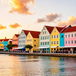 Caribbean Holidays, Curacao Wellness, Colourful Willemstad waterfront in Cura&ccedil;ao at sunset, pastel buildings, calm water and relaxed outdoor dining