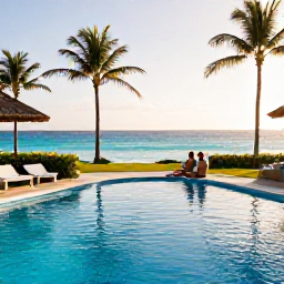 Caribbean Holidays, Cura&ccedil;ao Wellness, Couple relaxing in a quiet Cura&ccedil;ao resort pool overlooking the Caribbean Sea, palm trees and late afternoon sunshine