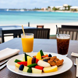 Caribbean Holidays, Curacao Wellness, Healthy Caribbean lunch in Cura&ccedil;ao with fresh tropical fruit, grilled fish, vegetables and a sea view from a relaxed restaurant