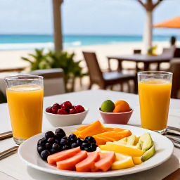 Caribbean Holidays, Cura&ccedil;ao Wellness, Healthy colourful breakfast with tropical fruit and fresh juice at an open-air caf&eacute; in Cura&ccedil;ao
