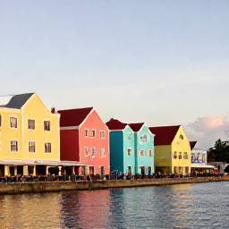 Caribbean Holidays, Cura&ccedil;ao Wellness January, Colourful Willemstad waterfront in Cura&ccedil;ao during a relaxed January evening, pastel buildings, small caf&eacute;s and people strolling