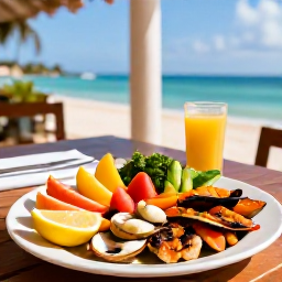 Caribbean Holidays, Cura&ccedil;ao Wellness January, Healthy Caribbean meal with fresh fruit, colourful vegetables and grilled seafood on a shaded Cura&ccedil;ao terrace