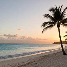 Caribbean Holidays, Cura&ccedil;ao Wellness January, Quiet Cura&ccedil;ao beach at sunrise in January, calm turquoise water, soft golden light, palm trees and a peaceful wellness atmosphere