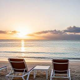 Caribbean Holidays, Curacao Wellness, Peaceful Cura&ccedil;ao beach at sunrise in October, calm turquoise water, soft golden light, comfortable sun loungers and a relaxed Caribbean atmosphere